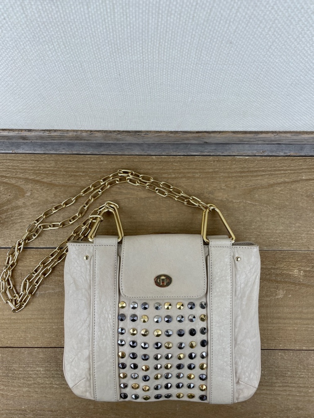 Ivory Leather Gold and Silver Studded Shoulder Bag